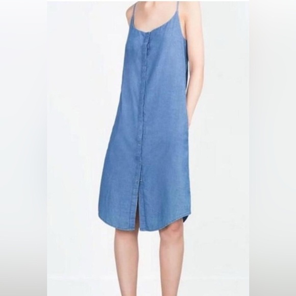 18. Zara Trafaluc Blue Midi Sundress Spaghetti Strap Casual Denim Dress Size XS - Picture 1 of 7
